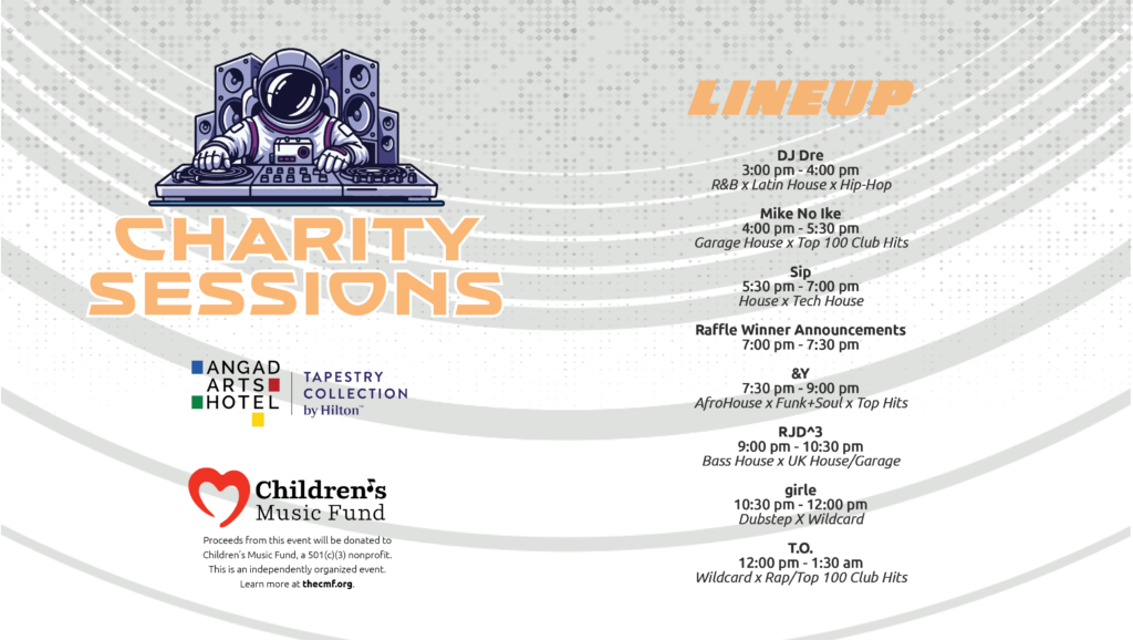 Charity Sessions DJ Line Up for Aug 29 Fundraiser at Angad Arts Hotel